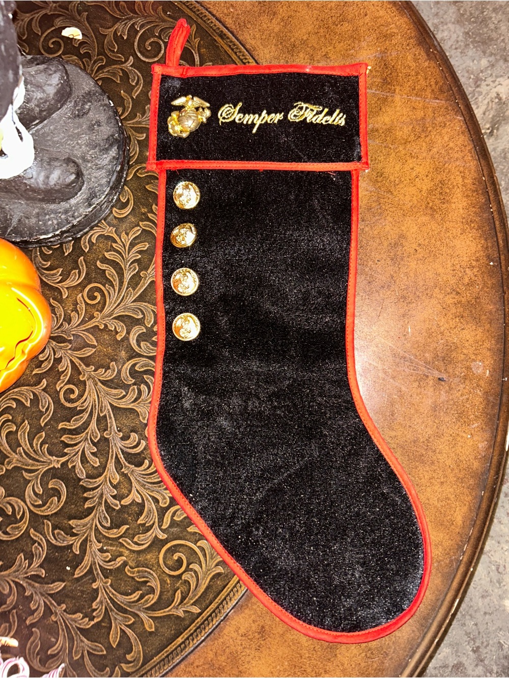 Semper Fidelis Black Velvet & Red Trim Christmas Stocking
